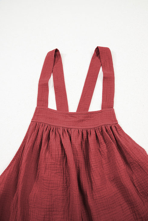Boho Casual Knotted Back Strap Cotton Bib Front Wide Leg Jumpsuit